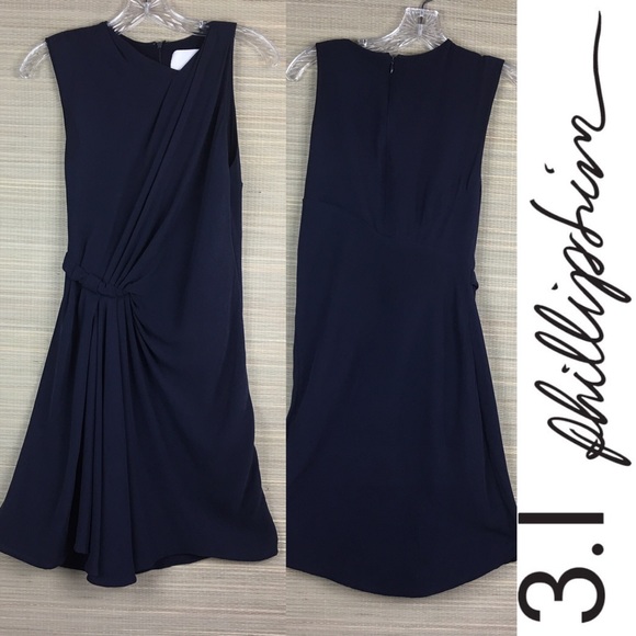3.1 PHILLIP LIM Navy Blue Asymmetrically Draped  Sleeveless Mini Dress Size 4 - Picture 5 of 10